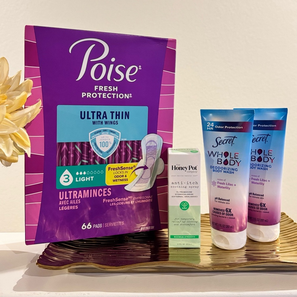 FEMENINE CARE BUNDLE Poise Ultra Thin , Honey Pot Anti-Itch, Secret Whole Body